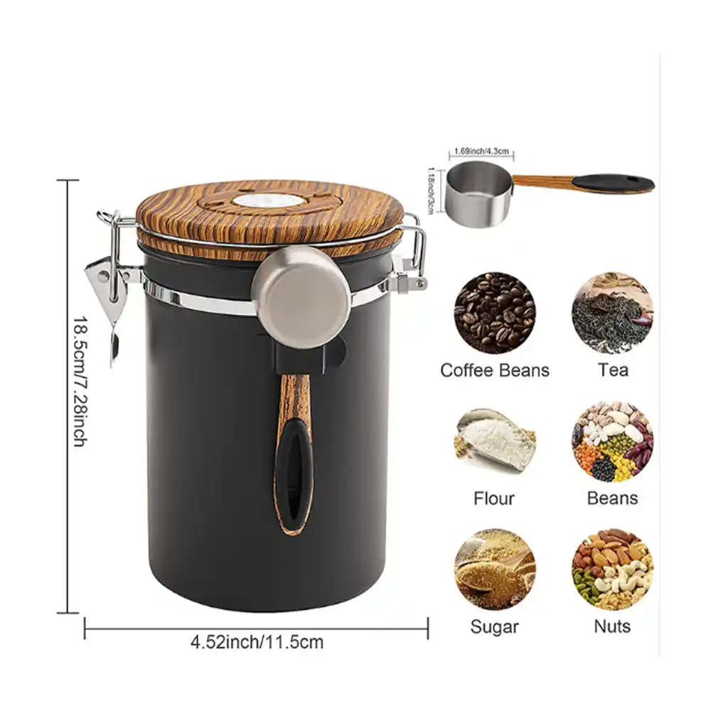 حافظة قهوة ستانلس ستيل 16oz أسود وخشب مع ملعقة - الصورة 3